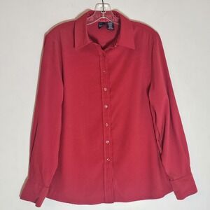 Basic Editions Top Womens Medium Red Button Up Long Sleeve Stretch Shirt Satin M
